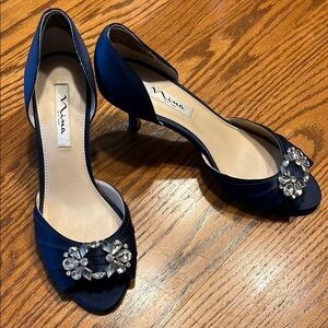 Nina Blue Satin Peep-Toe Heels with Crystal Embellishment